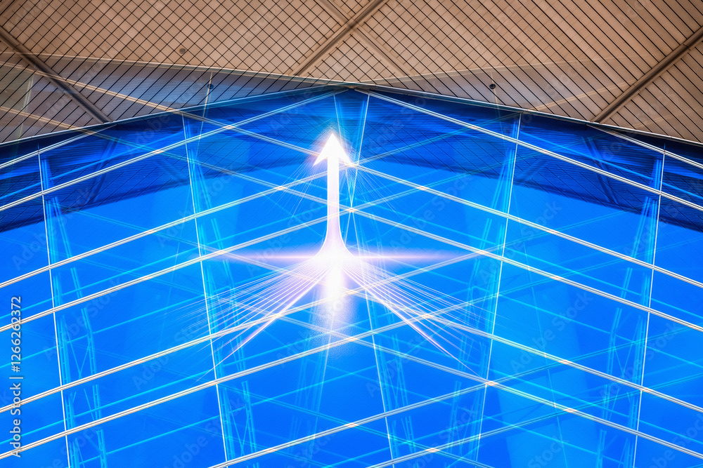 Aufkleber modern blue architecture in hong kong, featuring a bright upward arrow. a business concept of growth