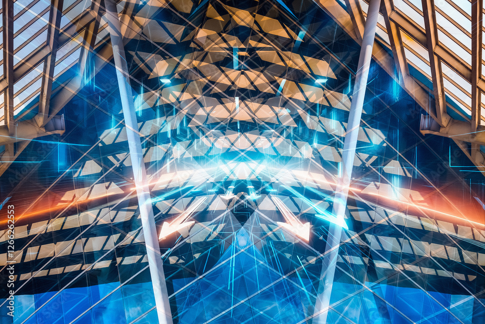 Aufkleber A dynamic concept showcasing Hong Kong's modern business architecture. Geometric skyscraper with vibrant light trails conveys forward momentum and urban energy.
