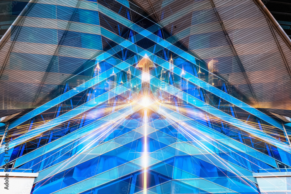 Poster modern business concept in hong kong. futuristic building with upward perspective lines, representin