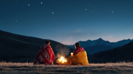Fototapeta premium Wrapped in blankets, a couple sits by a campfire, savoring warm drinks while gazing at the stars in a serene mountain landscape