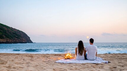 A couple relaxes on a blanket near a campfire, gazing at the waves under the moonlight on a serene beach at dusk