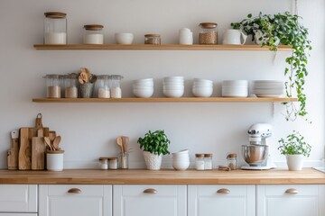 Organized kitchen shelves with white dishes and wooden utensils.
