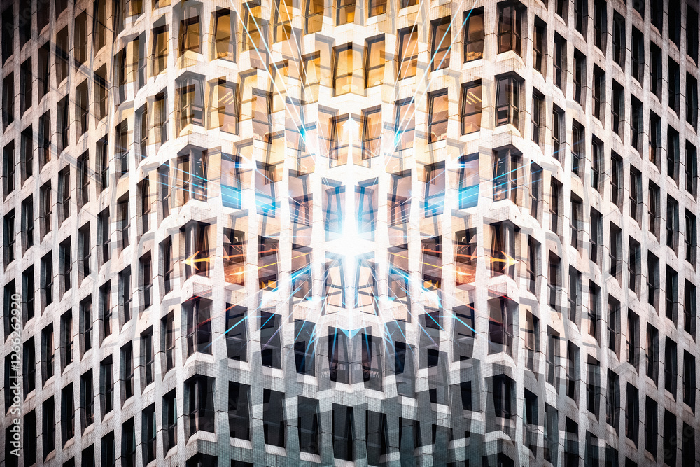 Aufkleber Angular modern architecture in Hong Kong reflects a business concept with its sharp lines and bright central light, representing urban growth and financial strength.