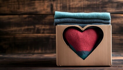 Heart-shaped box with clothes, charity donation, rustic wooden background
