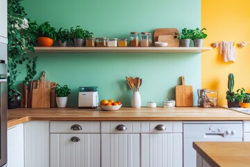 Fototapeta premium Modern kitchen with mint and yellow walls