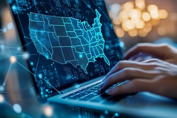 Person is typing on a laptop with a map of the United States on the screen