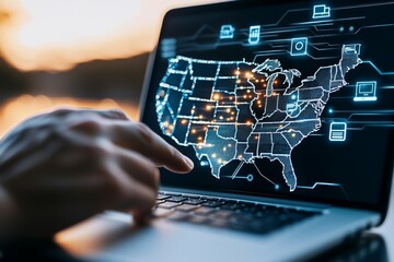 Fototapeta premium Person is pointing at a laptop screen that shows the United States