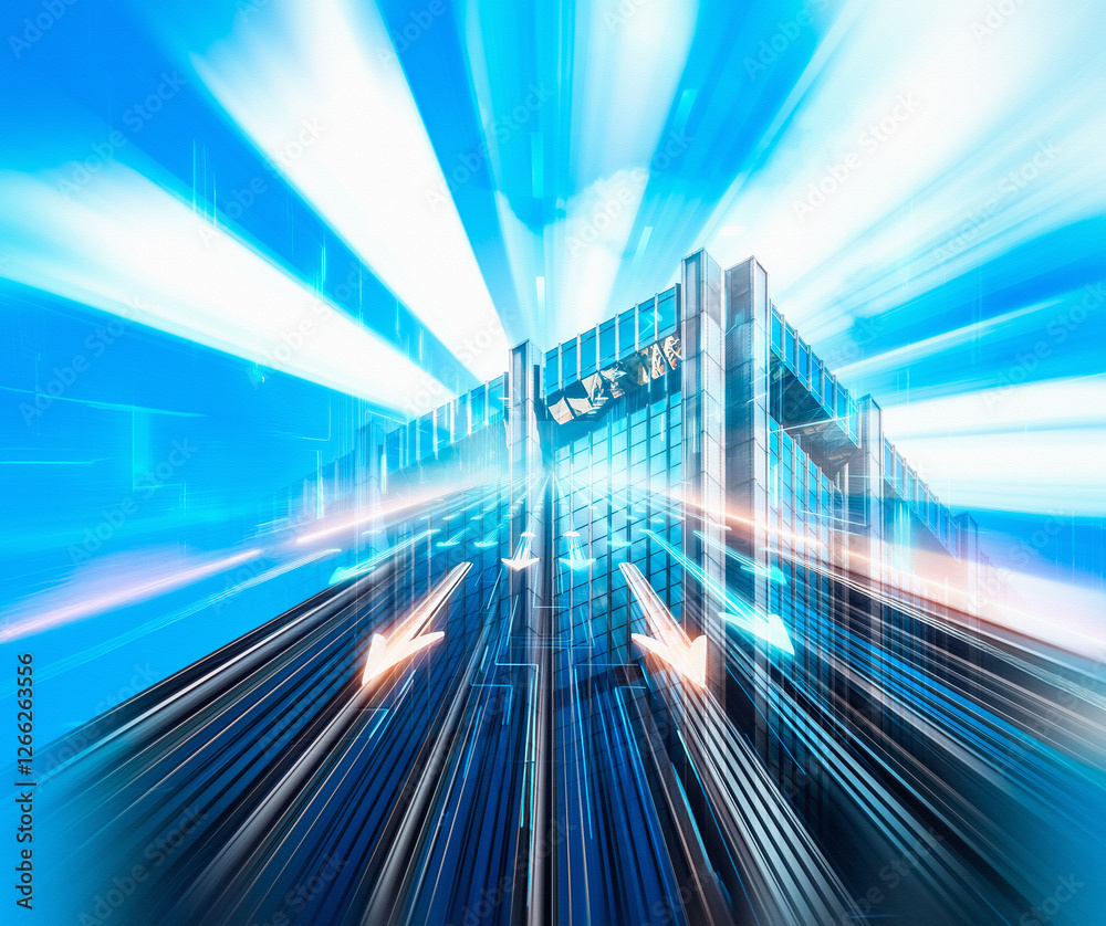 Aufkleber Abstract business concept showing modern Hong Kong architecture with dynamic blue lines and arrows suggesting direction and speed.