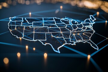 Map of the United States is lit up with a blue and white color scheme