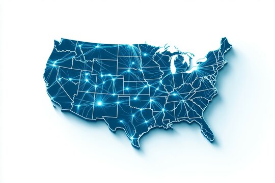 Blue map of the United States with a network of lines connecting the states