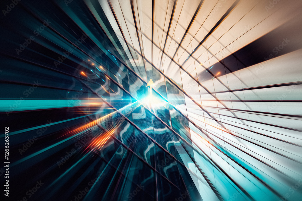 Poster A dynamic abstract business concept image featuring a modern building with motion blur, possibly in Hong Kong, representing forward movement and urban development.