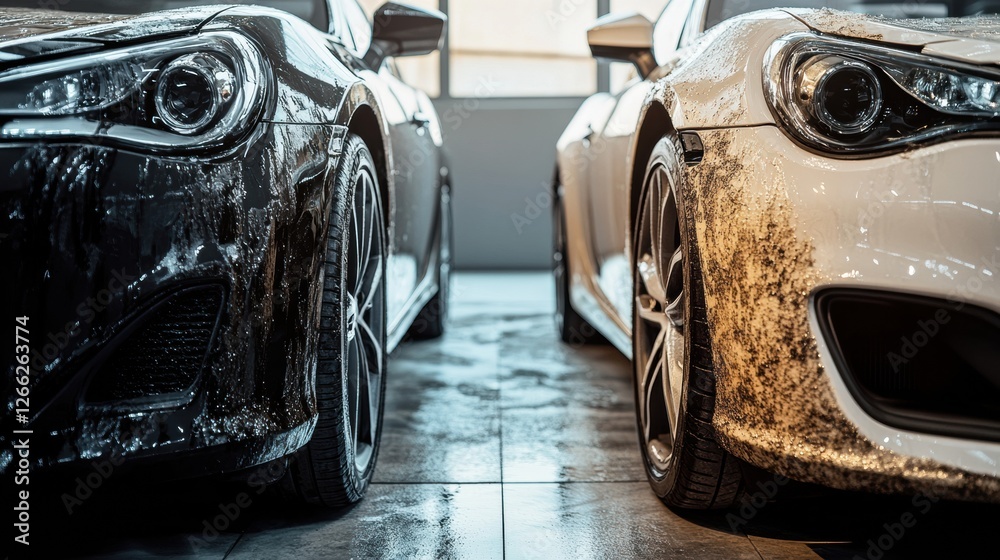Poster comparison of a scratched dirty car next to a shiny polished vehicle in a well lit garage setting. g