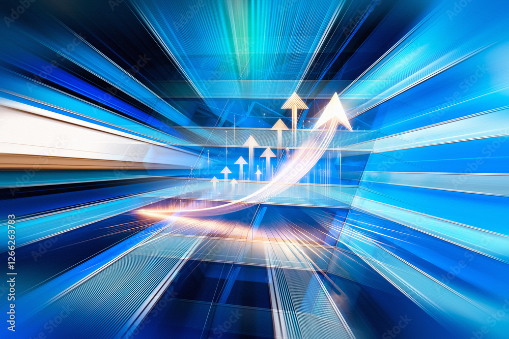 Poster Abstract concept for business growth in Hong Kong. Arrows point upwards against a dynamic blue background, suggesting forward momentum and success.