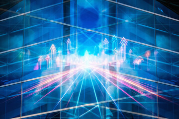Hong Kong business concept. Futuristic cityscape with upward arrows and  light trails symbolizing growth and  progress. Modern urban view.