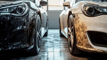 Comparison of a scratched dirty car next to a shiny polished vehicle in a well lit garage setting. Generative AI