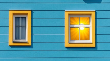 A vibrant blue wall features two windows with bright yellow frames, one illuminated by sunlight, creating a cheerful and inviting atmosphere.