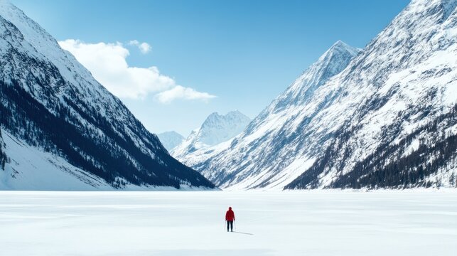 A solitary trekker gazes at a frozen alpine lake, surrounded by majestic snow-capped mountains and pristine wilderness under clear skies