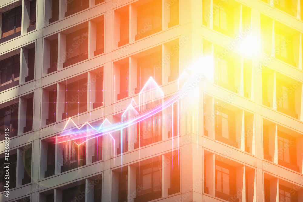 Poster sunlight illuminates a hong kong business building with a vibrant upward arrow concept, symbolizing 