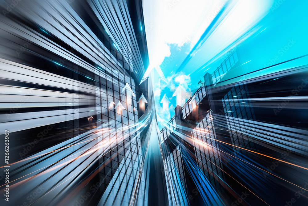 Aufkleber hong kong business concept: blurred city buildings with upward arrows symbolize rapid growth and pro