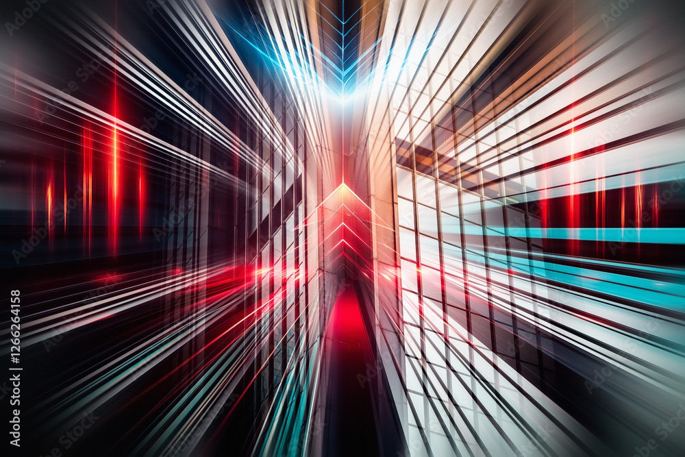 Poster Dynamic abstract cityscape concept in Hong Kong. Blurry motion streaks create a sense of fast-paced business and urban energy.