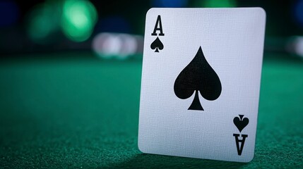 A close-up of an Ace of Spades playing card on a green felt surface, highlighting its iconic design and the game's vibrant atmosphere.