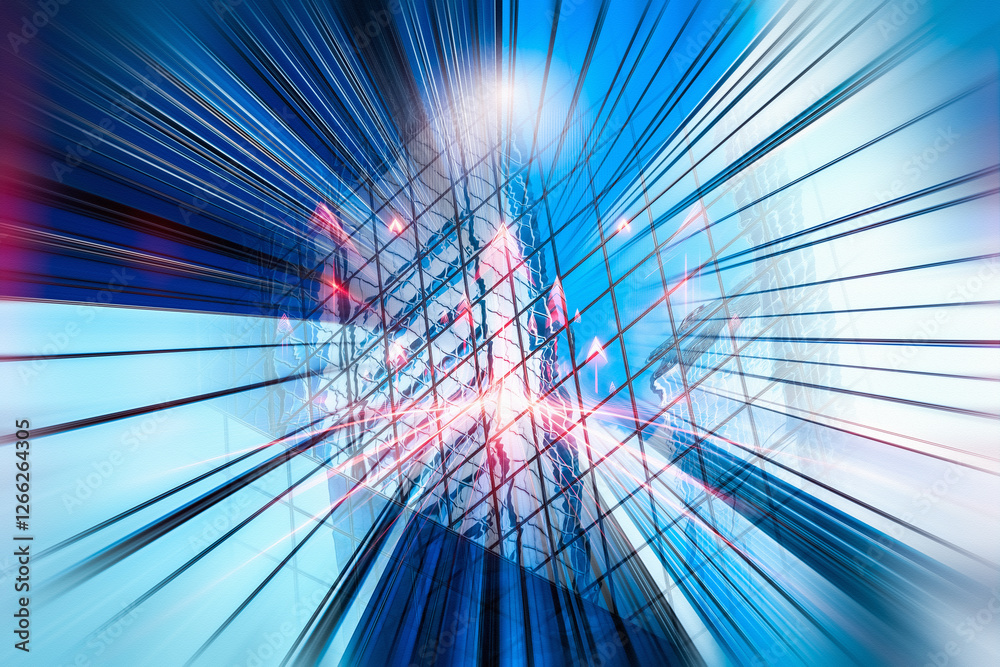 Fototapete Dynamic abstract business concept of Hong Kong with motion blur effect. Modern architecture in blue and red tones suggesting speed and progress.