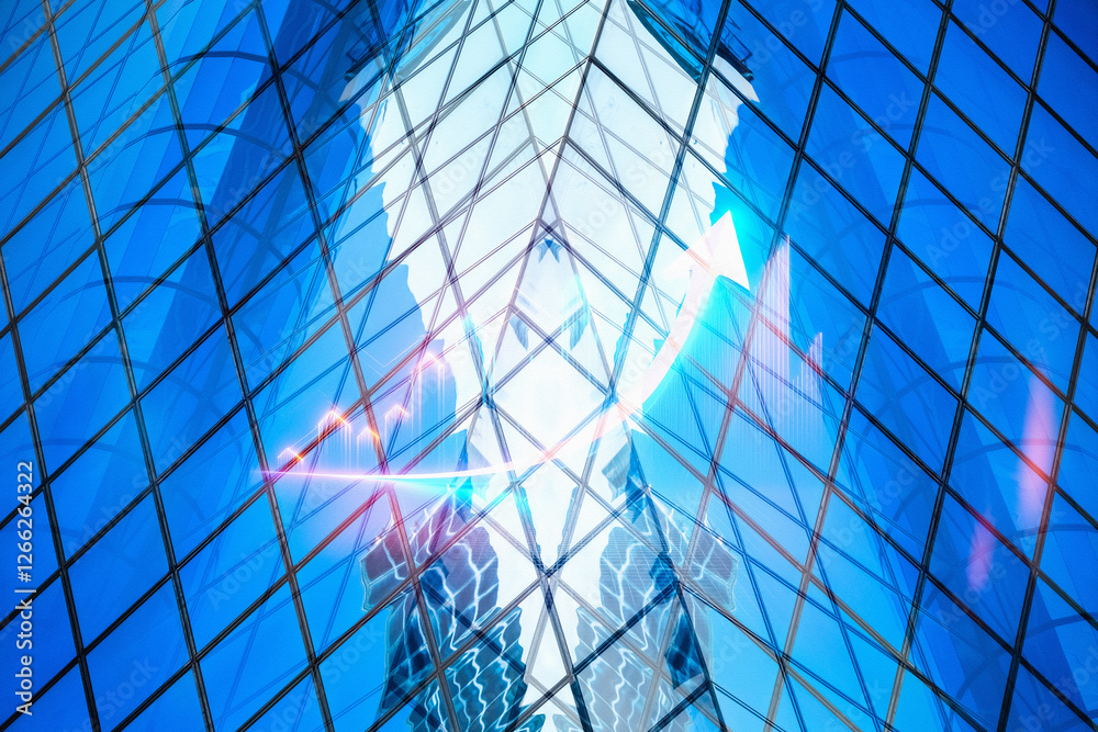 Fototapete Modern Hong Kong business concept reflected in glass skyscrapers. Abstract architecture with geometric lines and vibrant blue tones creating a dynamic urban scene.