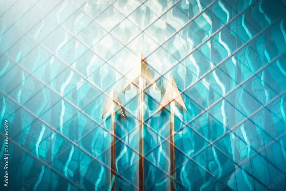Aufkleber Modern business concept in Hong Kong with upward arrows symbolizing growth against a glass building facade. Abstract and dynamic representation of success and progress.