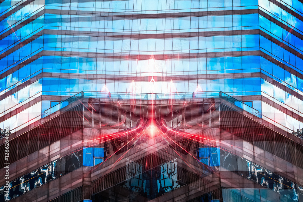 Aufkleber Hong Kong business concept visualized in a modern skyscraper. Abstract architectural view with vibrant red lines emphasizing building structure.