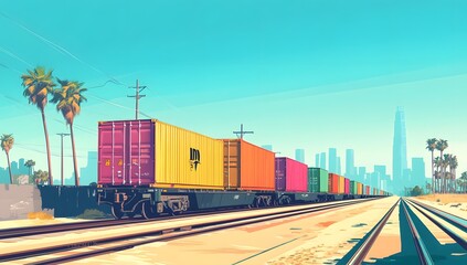 Obraz premium Colorful Cargo Train Tracks Cityscape (1)