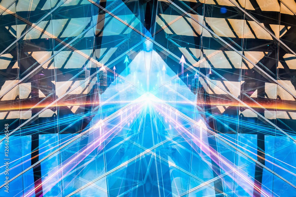 Poster Futuristic business concept in Hong Kong. Abstract architecture with bright light trails conveys dynamic growth and progress.
