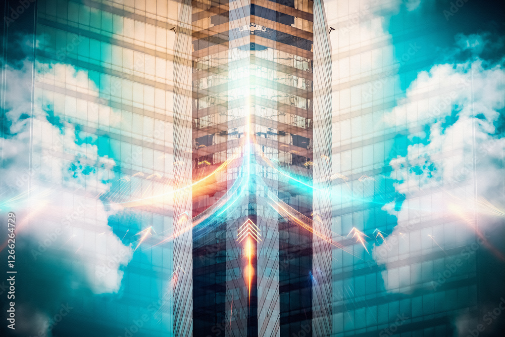 Poster Modern skyscrapers in Hong Kong reflect a vibrant sky with dynamic light trails, symbolizing business growth and conceptual upward movement.