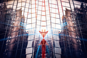 Abstract Hong Kong business concept. Modern architecture with an arrow overlay, representing direction and growth in the urban cityscape.