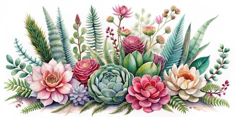 Obraz premium Vibrant Watercolor Floral Arrangement Featuring Succulents, Ferns, and Other Exotic Blooms, Ideal for Wedding Invitations, Greeting Cards, or Home Decor