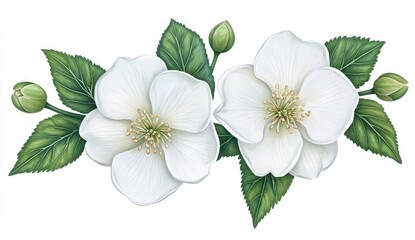 Two delicate white flowers with green leaves and buds, beautifully illustrated, showcasing nature's elegance.