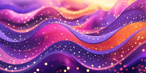 Futuristic digital composition with flowing abstract waves in radiant purple, pink, and gold tones. Glowing particles enhance the dreamy and immersive visual experience

