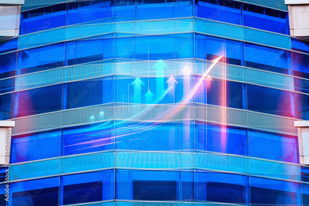 Aufkleber hong kong business concept with upward arrows overlaying a modern blue building facade. symbolizing 