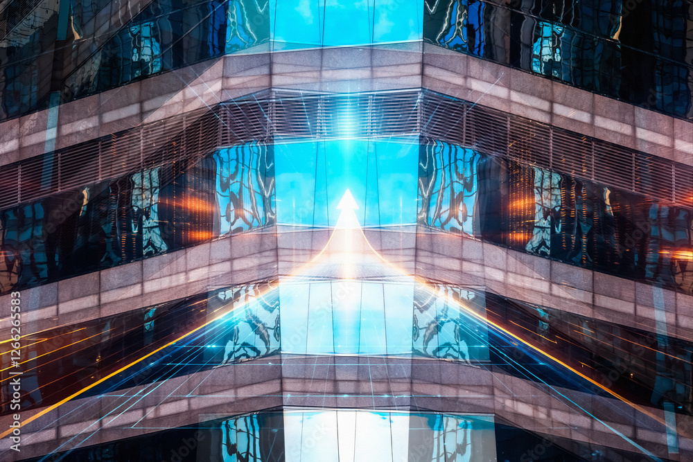 Fototapete Futuristic business concept in Hong Kong. Modern architecture with sharp lines and reflective surfaces creates an abstract, dynamic urban scene.