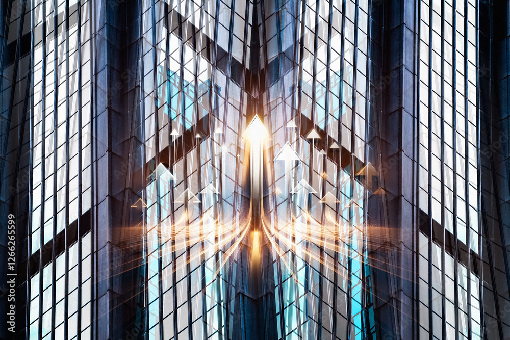 Poster modern hong kong business concept with upward arrows reflecting on a skyscraper. growth and success 