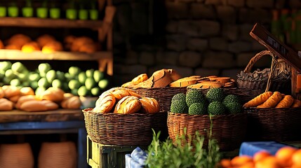 Freshly baked bread and vibrant fruits displayed in a rustic market setting with warm lighting