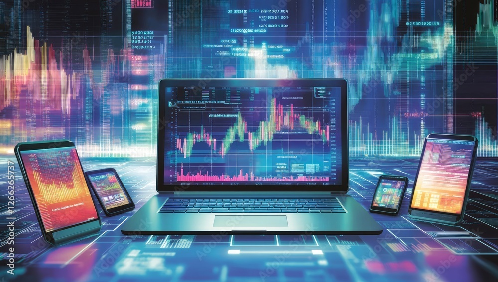 Poster Digital devices display stock market data in a technology background