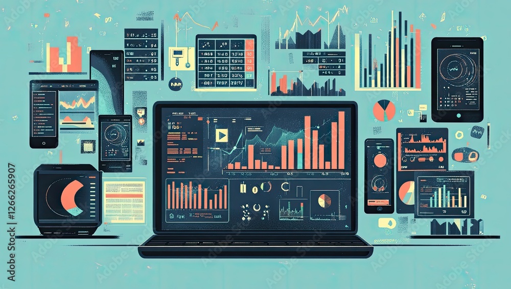 Poster Laptop with data displays, graphs, and charts;  digital dashboard;  surrounding technology devices