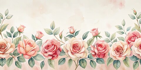 A Delicate Watercolor Painting of Blooming Roses with Lush Greenery, Perfect for Elegant Designs and Romantic Projects