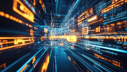 Futuristic data tunnel, digital code streaks, dark corridor, motion blur effect