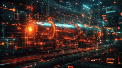 Futuristic energy core surrounded by glowing circuits in a high-tech digital environment