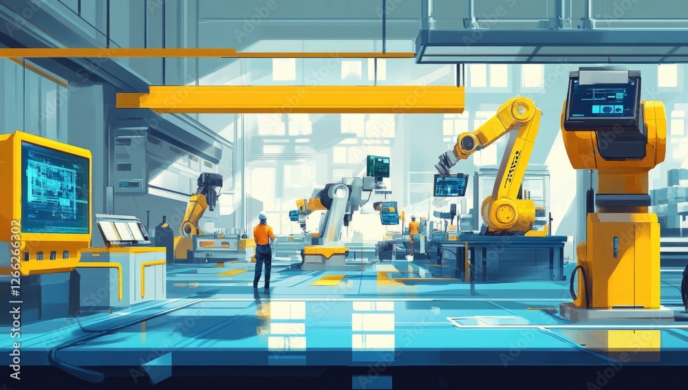 Poster Modern automated factory interior with robotic arms and workers