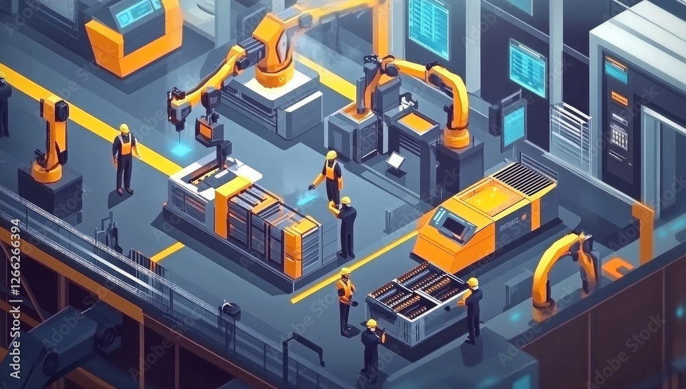 Poster industrial automation factory workers operate robotic arms