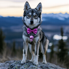 wolfdog standing on a rock