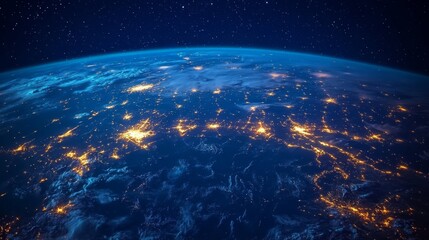 Obraz premium Earth at Night: A Stunning View from Space, Featuring City Lights and Atmospheric Glow Under a Starry Expanse