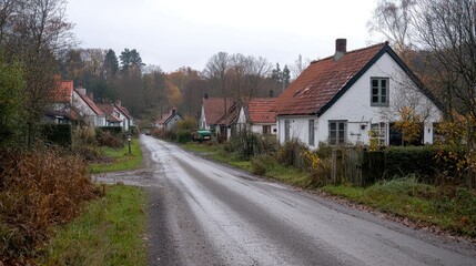Quaint village street on an overcast day. Possible use Stock photo for travel, nature, village, rural, or peaceful living